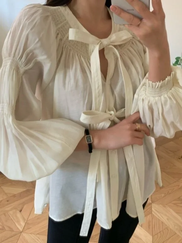 Chique ronde Ne Loose Lantern Sve Silk irt Faionable Agel Knot Tied Casual gevouwen top voor dames Trendy