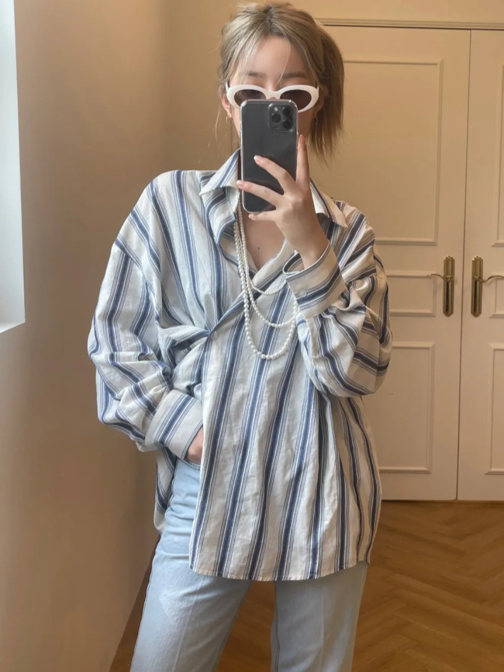 Chique vroege herfst vintage gestreept los lang Sve dames irt retro design gevoel bovenkleding faionable leeftijd-verdediging