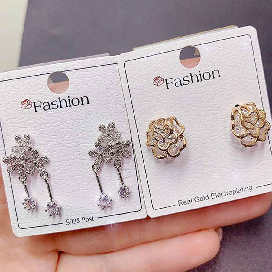 10 Pairs/Pack Luxury Zircon Inlay Copper Material Ladies\' Earrings Elegant Versatile Mixed Style Earrings Jewelry Gifts