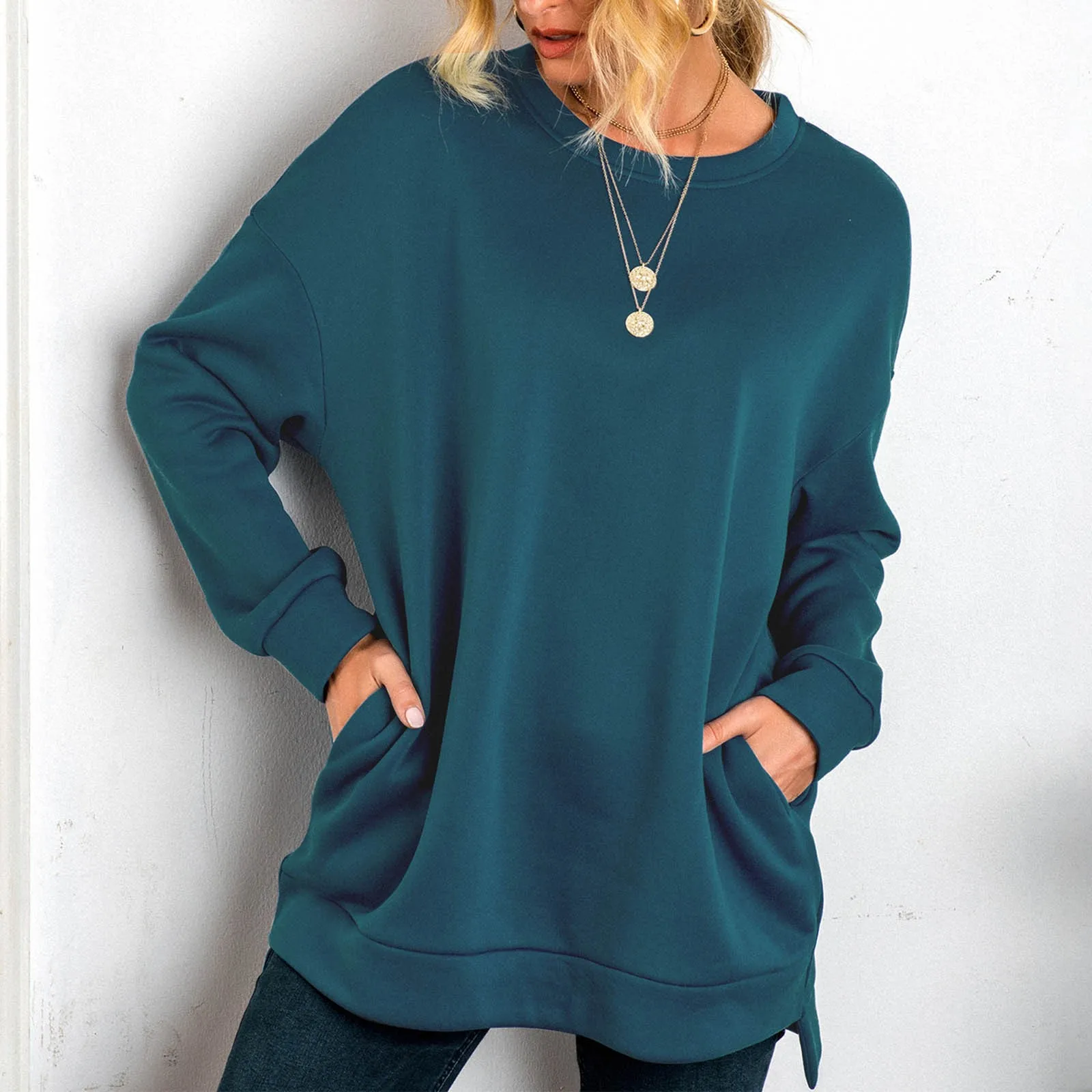 2025 New Women's Mid Length Hoodie Casual Loose Long Sleeved Pullover Solid Color Versatile Top Oversize O Neck Sweatshirts