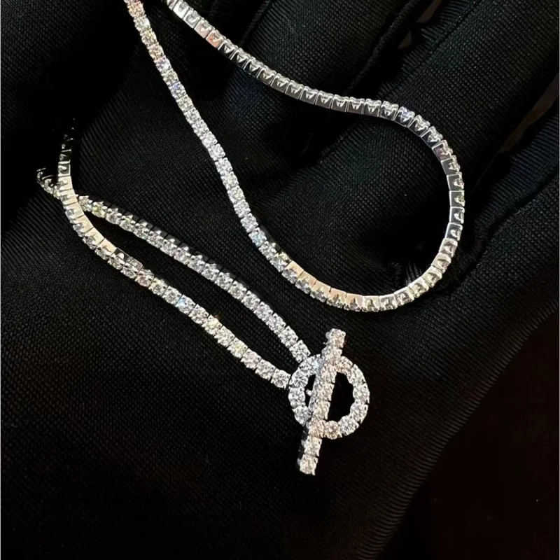 S925 sterling silver cross bar full Diamond Necklace Flash diamond inlaid luxury Deluxe sense Diamond clavicle chain sexy