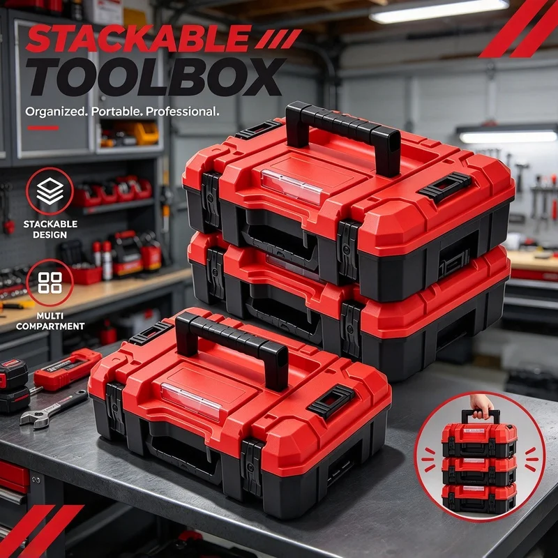 Portable Stackable Hard Shell Tool Storage Box Multi Compartment Hand Tool Organizer for Workshop Garage Use