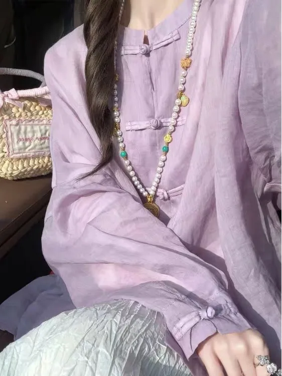 

Новая китайская женская рубашка из фиолетового льна, весна-лето, с эффектом прохлады, в национальном стиле, на пуговицах, с защитой от солнца, хлопок-лен