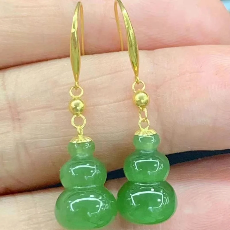 Natural Hetian Jade with 18k Gold Inlaid Ear Hooks Women, Elegant Gourd Earrings