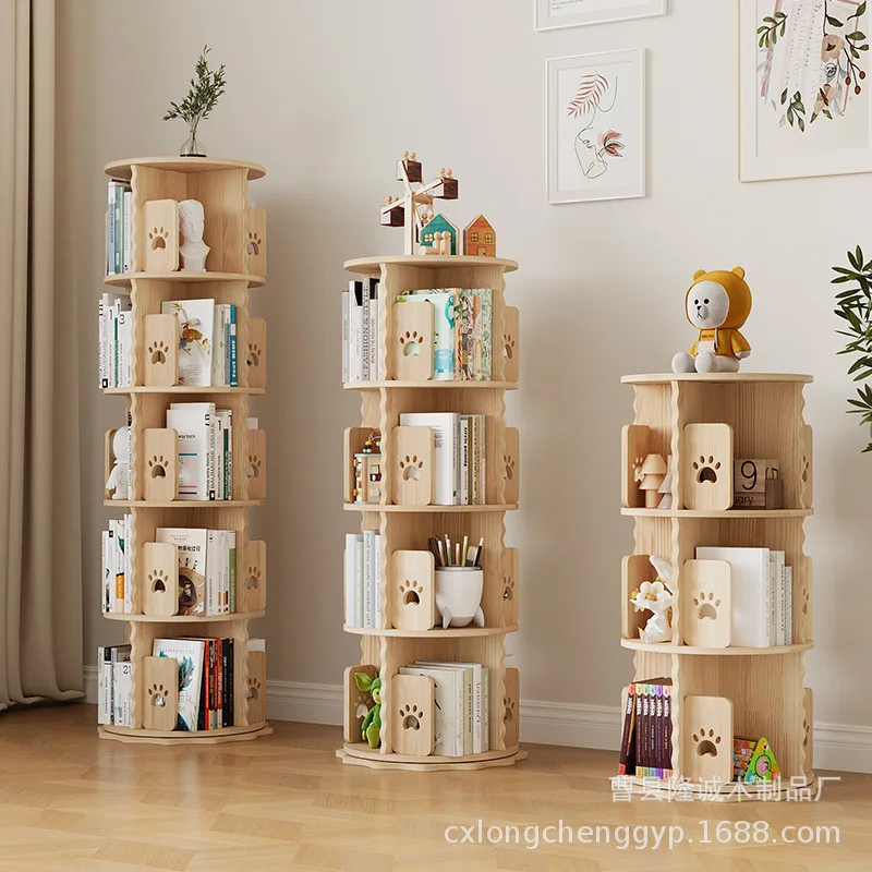 AOLIVIYA Solid Wood Rotating Bookcase Cabinet Library Shelves Desk Bookshelf Floor Storage Rack Kids Display Organizer Stand