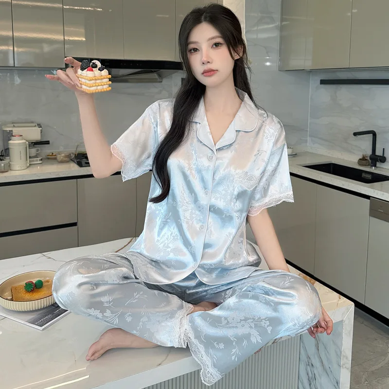 

Новый летний комплект женской домашней одежды из жаккарда и ледяного шелка: пижама с коротким рукавом и длинными брюками, класса люкс, премиум-качество