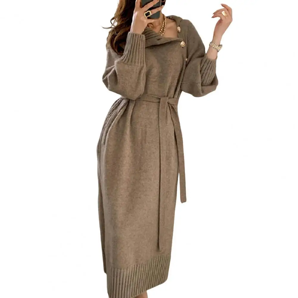 Damska sukienka z dzianiny Elegancka dzianinowa sukienka maxi z wysokim kołnierzem i rękawami typu lampion Damska moda zimowa Oświadczenie Kawałek na zimno