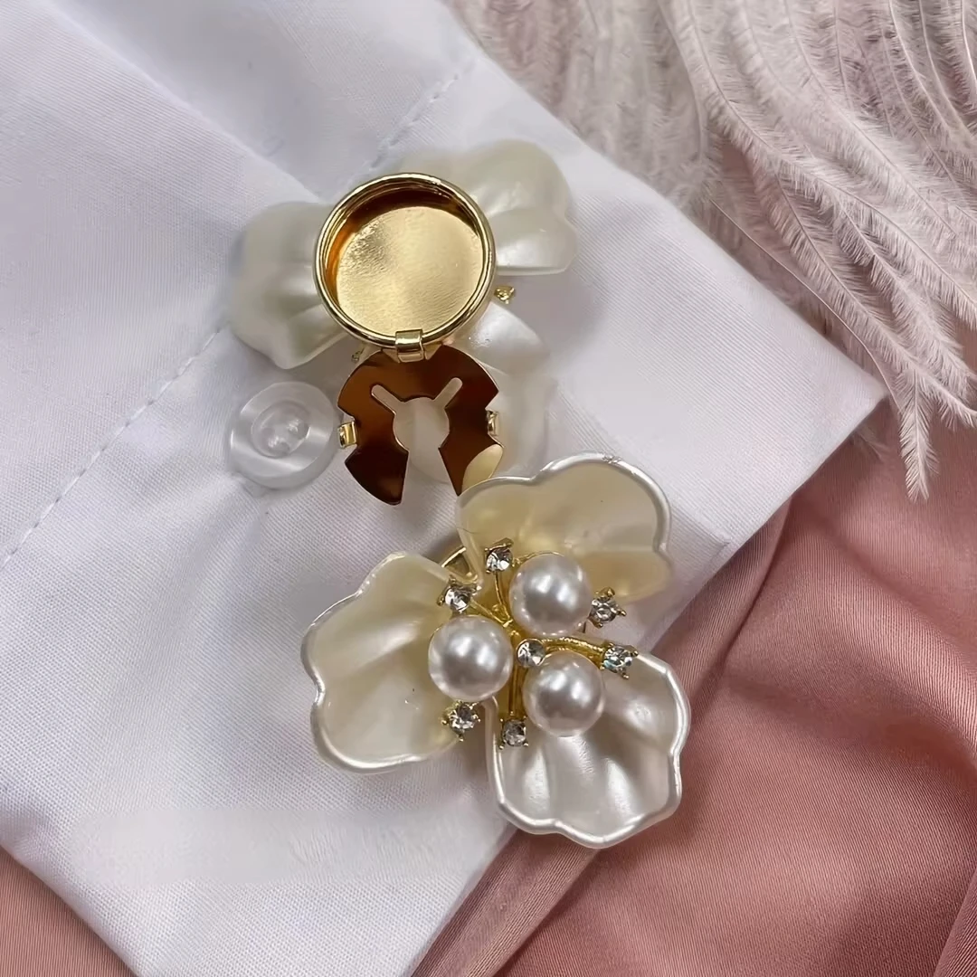 مجموعة غطاء أزرار زهرة اللؤلؤ أزياء أنيقة بأحجار الراين ومشابك مزينة بأكمام قميص فستان اثنين في واحد إكسسوارات الملابس