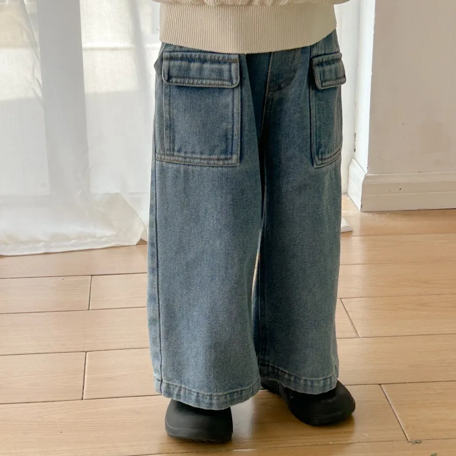 Girl Jean South Korea Children Clothes 2024 Spring New Girls Casual Wide-leg Pants Loose Straight Pants Children Fashion Jeans