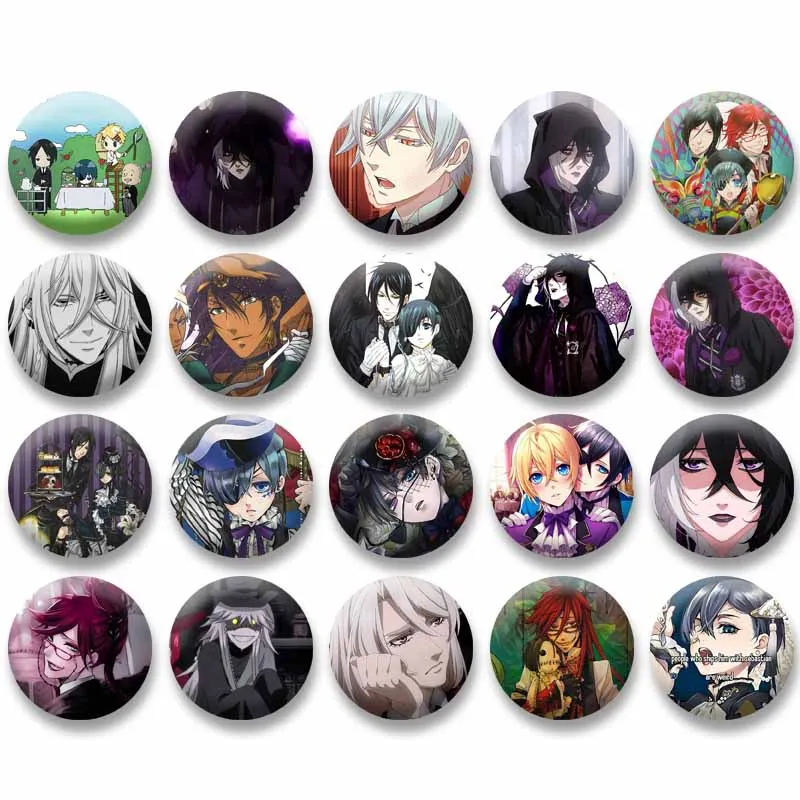 

Black Butler Cartoon Brooch Pins for Backpacks Briefcase Cute Anime Figure Ciel Grell Violet Badge Clothes Hat Accessories Gifts