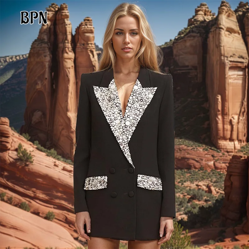 

BPN Loose Temperament Elegant Blazers For Women Notched Collar Long Sleeve Spliced Button Patchwork Diamonds Blazer Female New