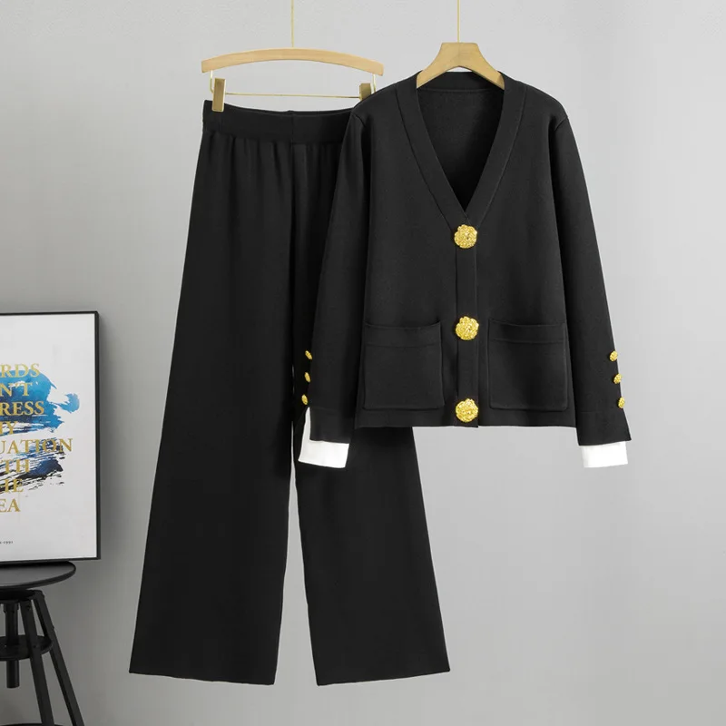 Herfst Winter Mode Vrouwen Gebreide Trui Set Grote Gouden Knop V-hals Vest Jassen Losse Hoge Taille Wijde Pijpen Broek pak B649