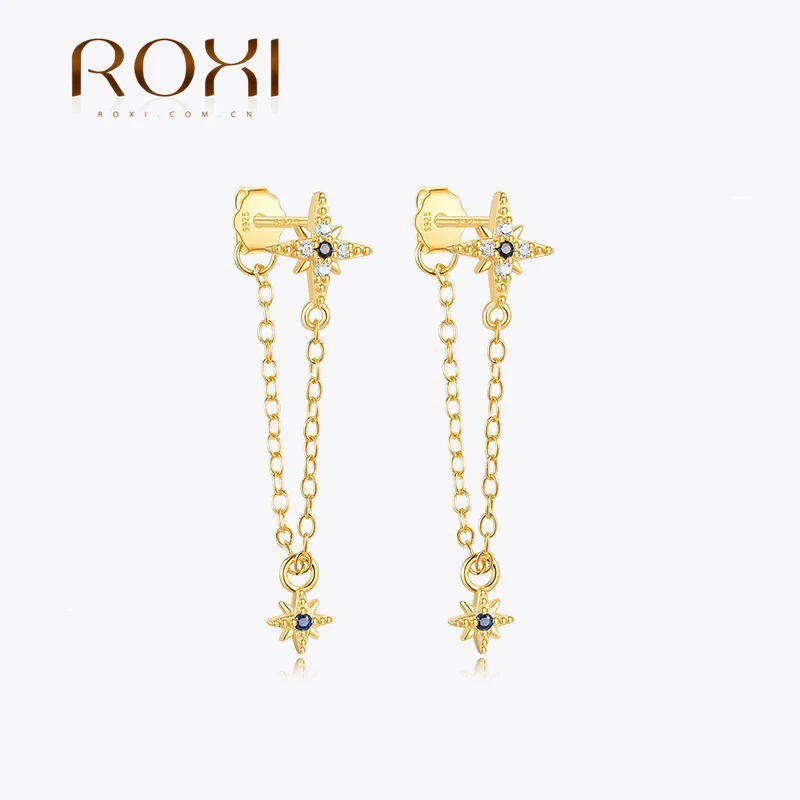 ROXI 925 Sterling Silver 1Pair Octagonal Star Zircon Double Tassel Pierced Earring For Women Chain Earrings Party Jewelry Gift