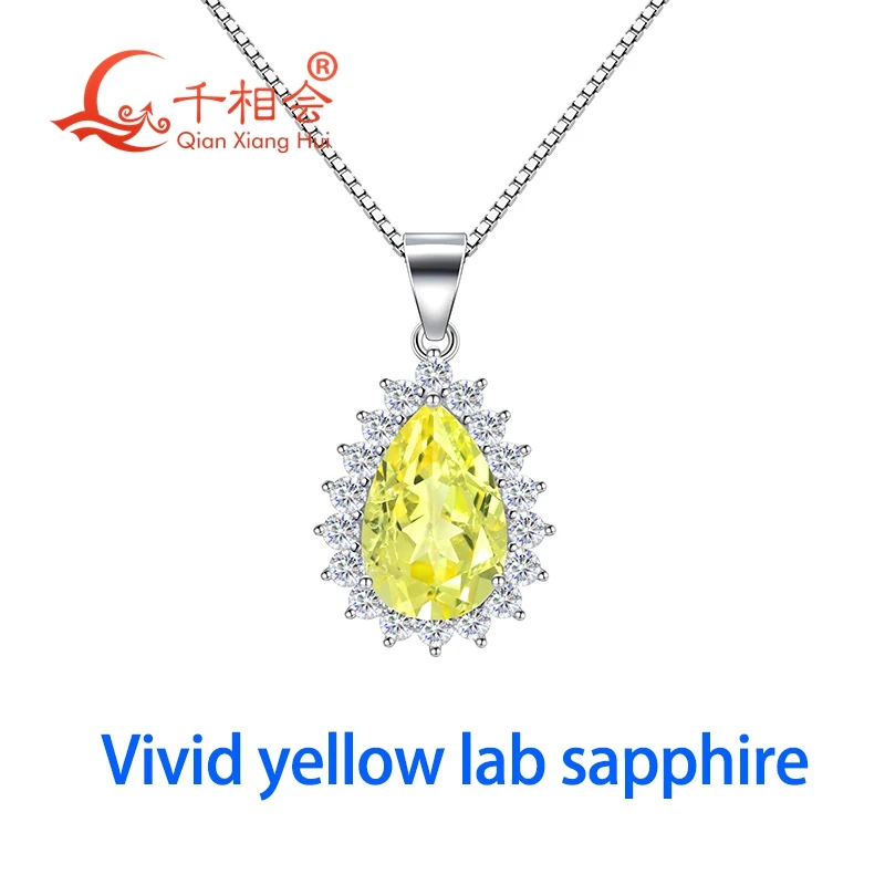 

S925 silver 4.5ct 8x12mm pear yellow or orange color lab sapphire with inclusions halo moissanite stone Jewelry Pendant Necklace