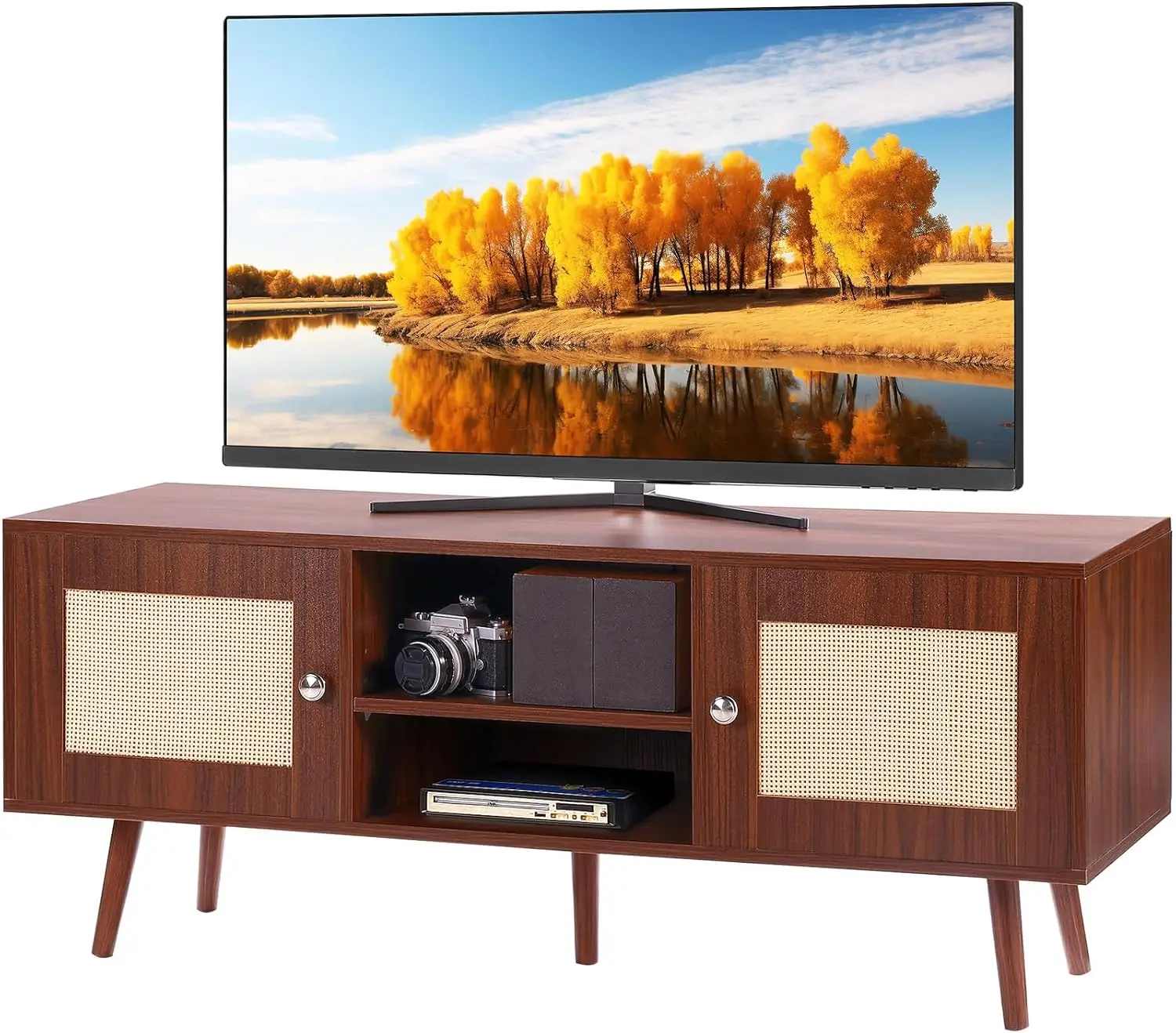 

Rattan TV Stand, Boho TV Cabinet for 55 inch TV,Mid Century Modern Stand, Rattan Console for Living Room,Media Room,Walnut