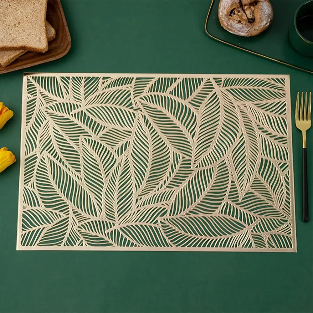 Set of 2/4 Placemat Golden Rectangle Table Mat for Dining Tables Wipeable Leaf Hollow Insulation PVC placemats  Home Modern