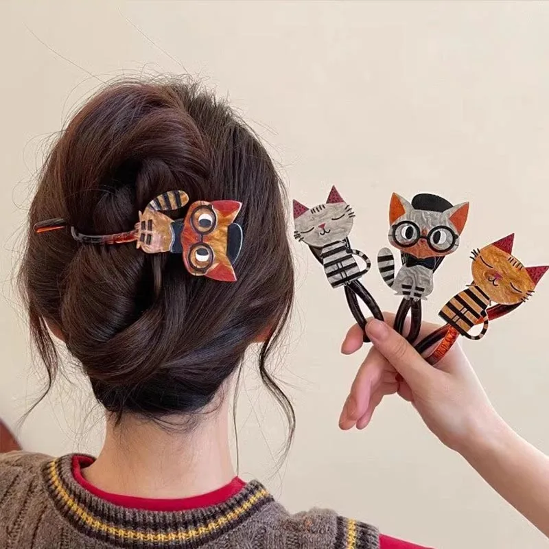 Cartoon Cat Banana Hair Clip, Acrylic Animal Pattern Hair Barrette, Fashion Non‑slip Hair Grip for Women Girls Hair Styling