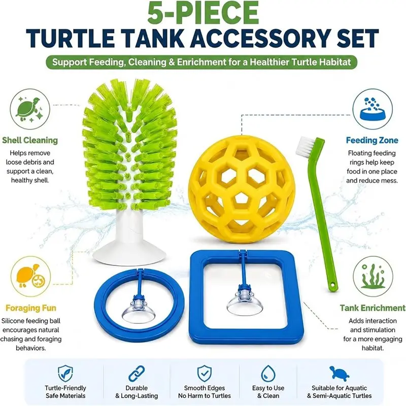 AB66-Turtle Tank Accessory Set With Suction Cup Brush, Feeding Rings & Vegetable Feeder Ball