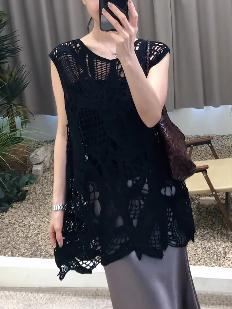 

Вязаный ажурный топ в европейском стиле, летний, новый, больших размеров, для повседневной носки, универсальный, стройнящий, в корейском стиле, свободного кроя