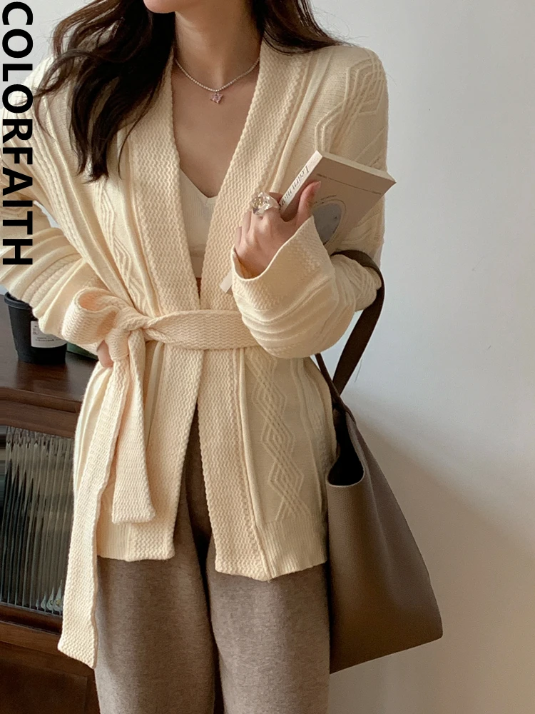 Colorfaith SWC6003 New 2023 Korean Fashion Chic Vintage Sweater Lace Up Women Winter Spring Knitted V-Neck Cardigan Elegant Tops