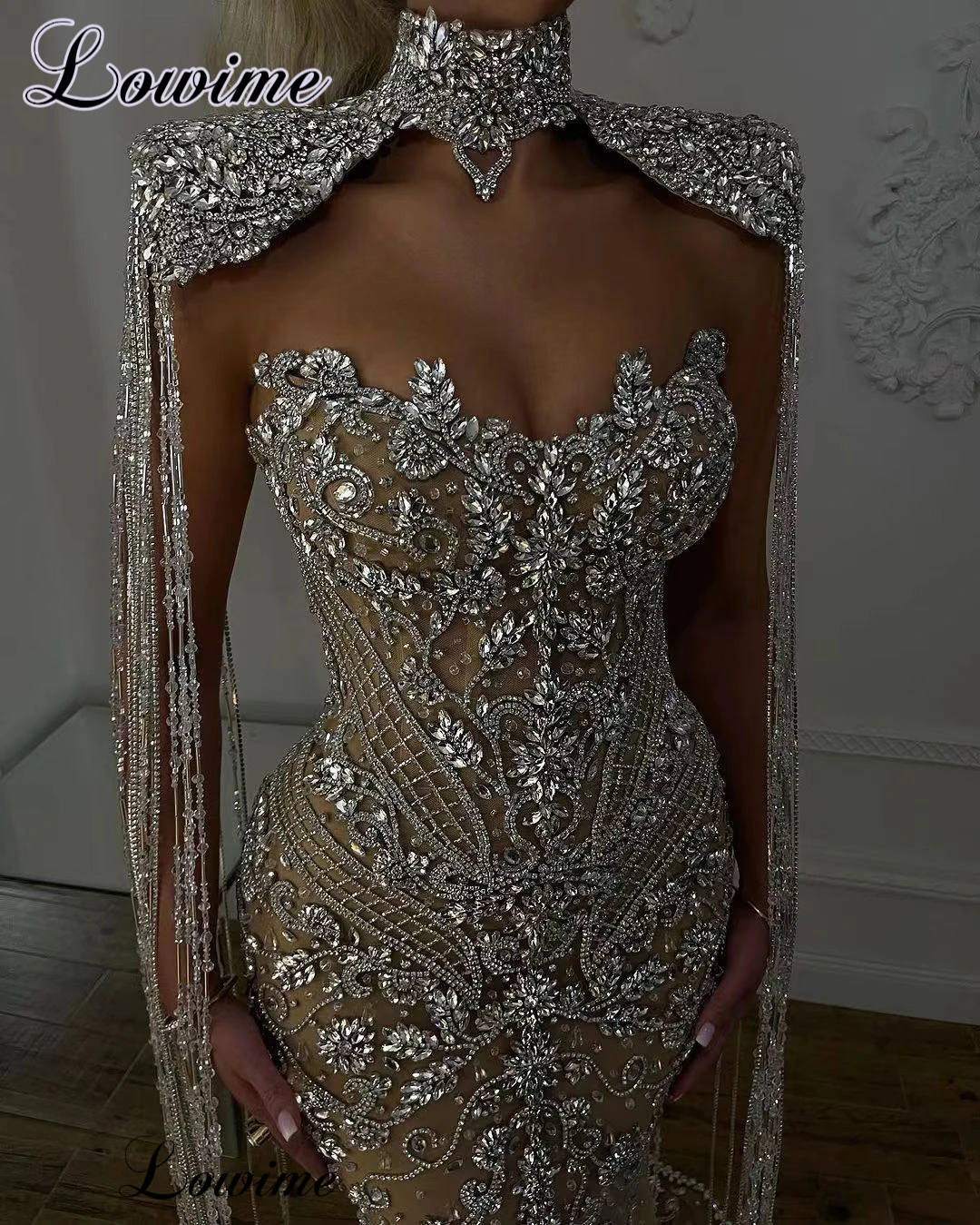 Full Heavy Handmade Crystals Evening Dresses High Luxury Mermaid Formal Occasion Dresses With A Wrap Robes De Soirée Prom Dress