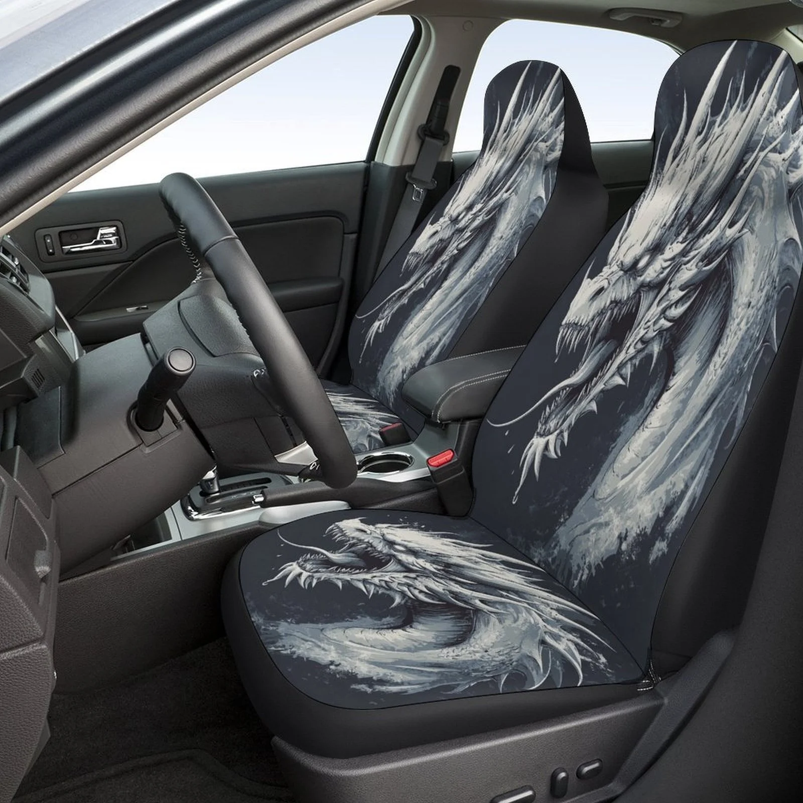 Car Seat Cover Set Featuring An Ice Dragon Design, Suitable For A Variety Of Vehicles. These High-Quality, Personalized Covers P