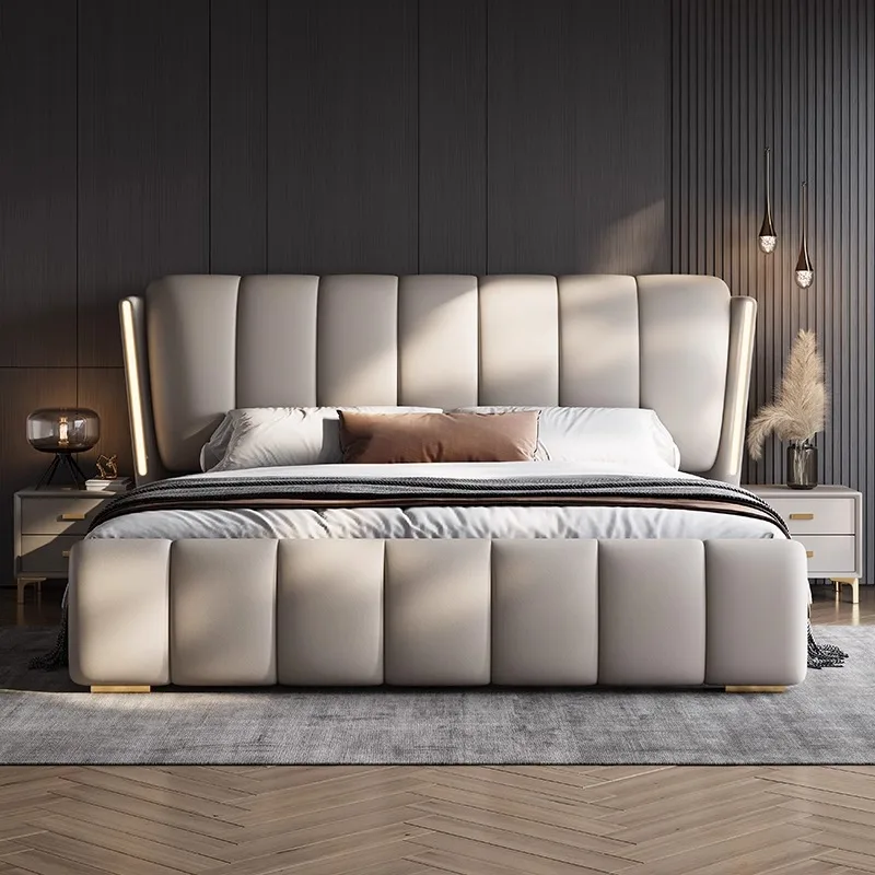 Modern Luxury  Bedroom Furniture Wooden Soft Up-holstered Beds With Light king Size Double Bed Frame Leather Set Storage Design