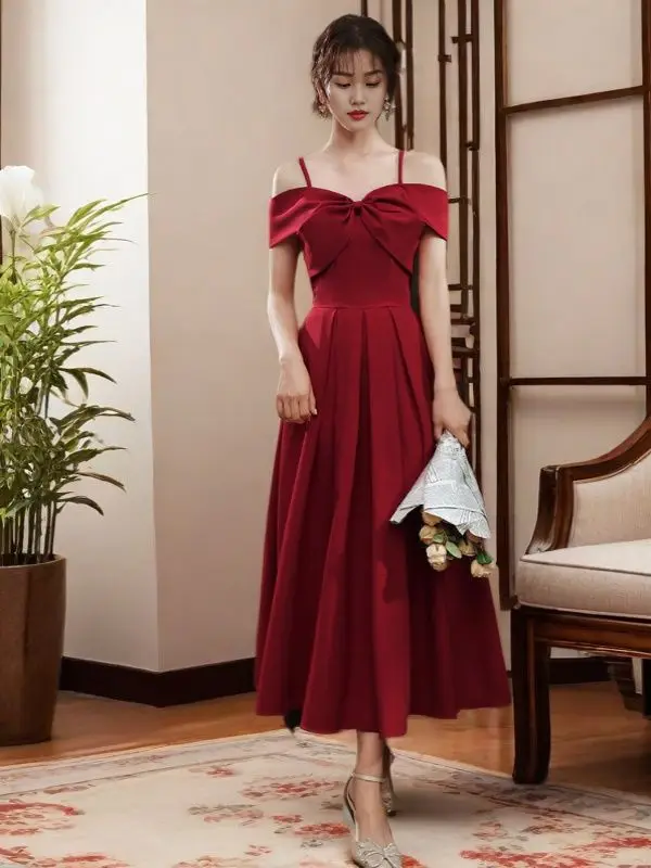فستان زفاف أنيق أحمر بكتف واحد للنساء، فستان عروس بأكمام قصيرة وتنورة طويلة على شكل حرف A، فستان رسمي للحفلات والسهرات