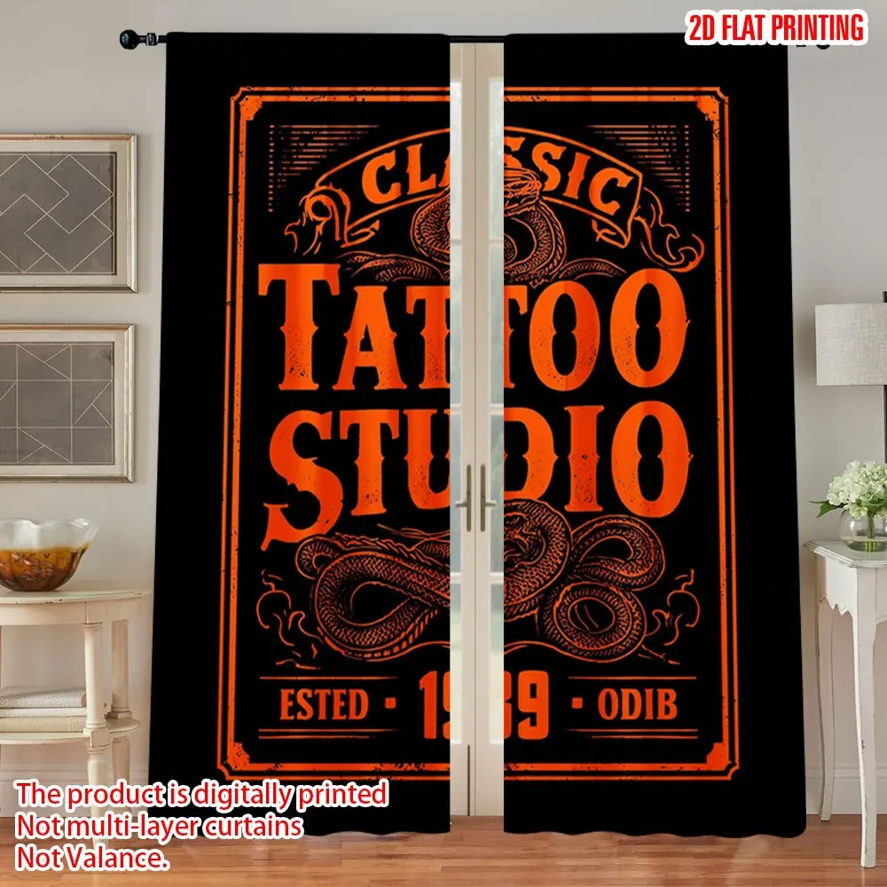 Vintage Tattoo Studio Style Blackout Curtains - Snake Lettering Graphic Window Drapes for Living Room Bedroom Decor