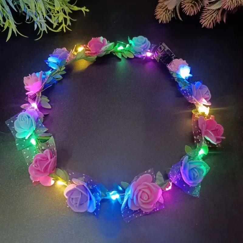 10pcs/LED Flower Crown,Glow Rose Flowers Wreath Headbands Luminous Headpiece Bridal Halo  Headdress Wedding Hair Hoop