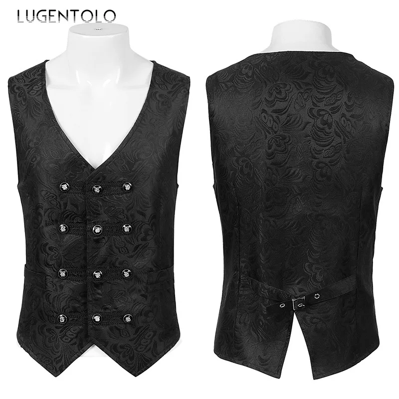 Men Gothic Vest Jacket Medieval Costume Retro Casual Three-breasted Black Sleeveless V-neck Halloween Party Coats