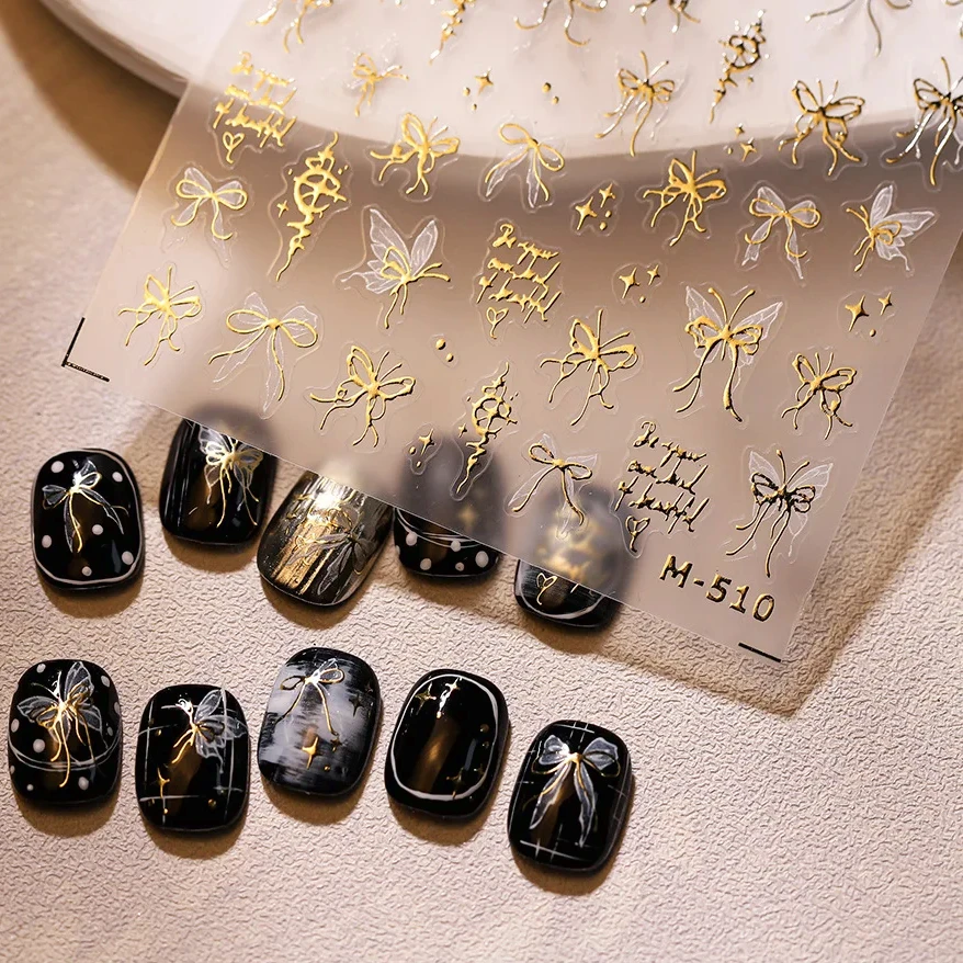 

Luxury Noble Black White Butterfly Gold Bowknot Ribbon Nail Art Stickers Rhinestones Pearl Decorations Manicure Tools Decals