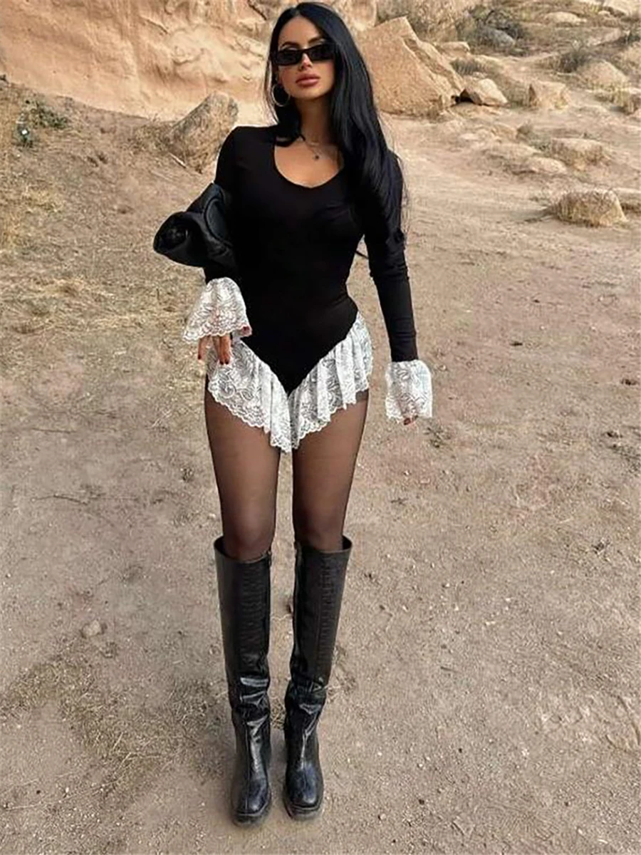 Sisjuly Lace Trim Splice Slim Fit Long Sve T-irt Donna Autunno Casual Sle Tessuto in poliestere rotondo Ne Abito di media lunghezza