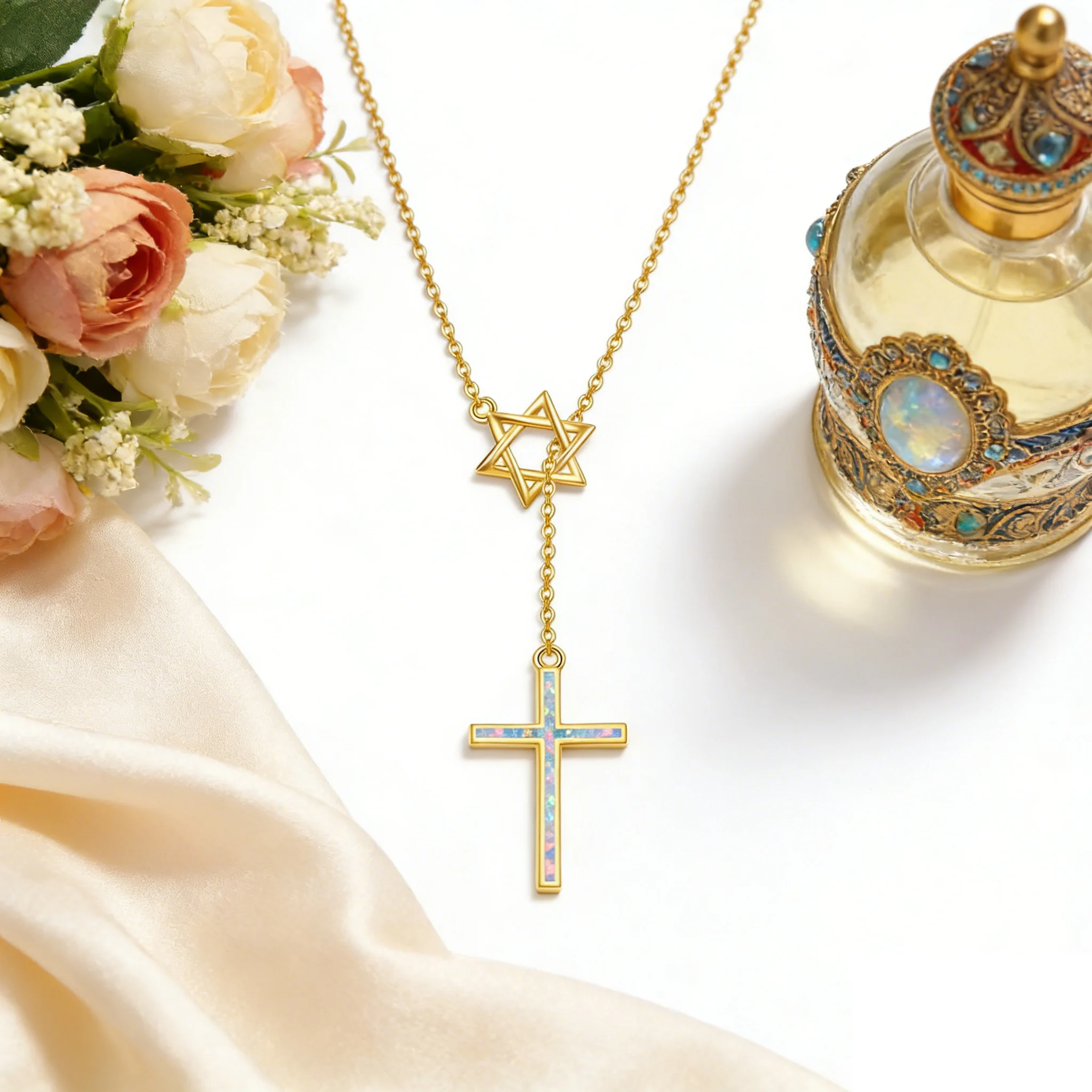 Star of David Cross Necklace for Women White Opal Inlay vintage Jewelry Perfect Gift for Birthday Anniversary Daily  Faith Wear