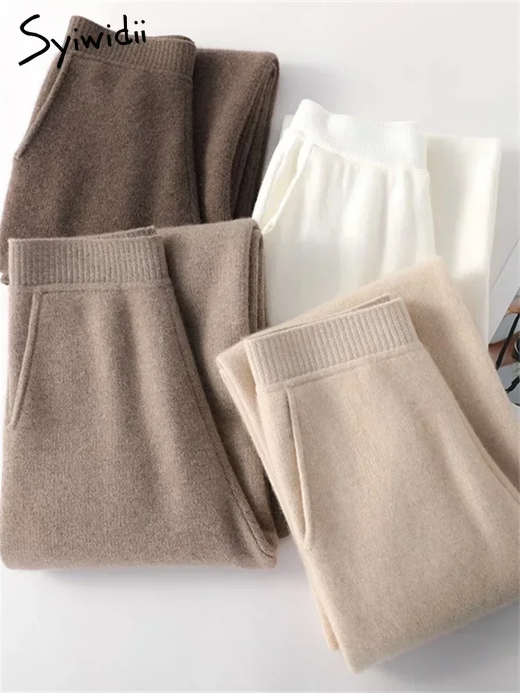 Knitted Women Pants Fall Winter 2023 Korean Fashion High Waist Wool Wide Leg Sweatpants Casual Straight Loose Trousers Dropship