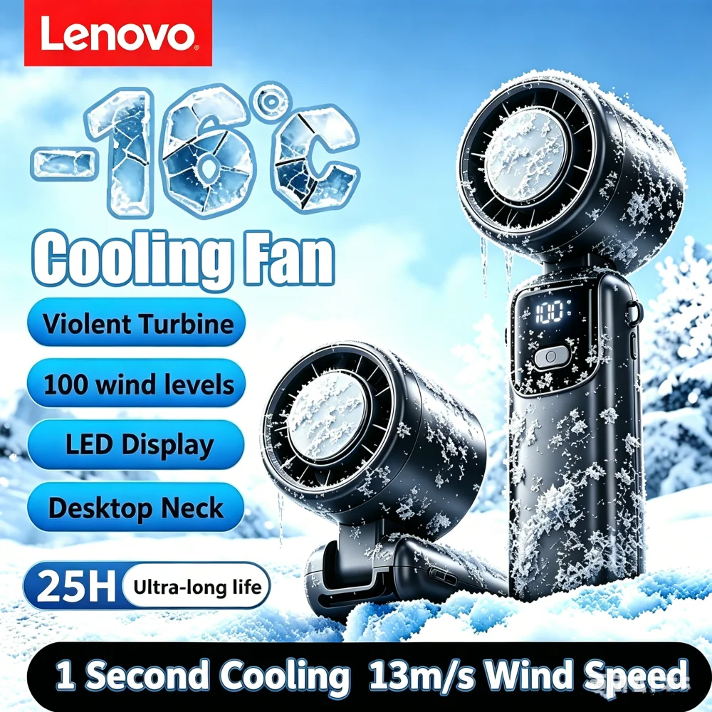 Ventilateur portable Lenovo Ice Compress, ventilateur de poche pour extérieur, USB, affichage numérique, pliable, réfrigération, haute vitesse, turbine puissante, petit ventilateur