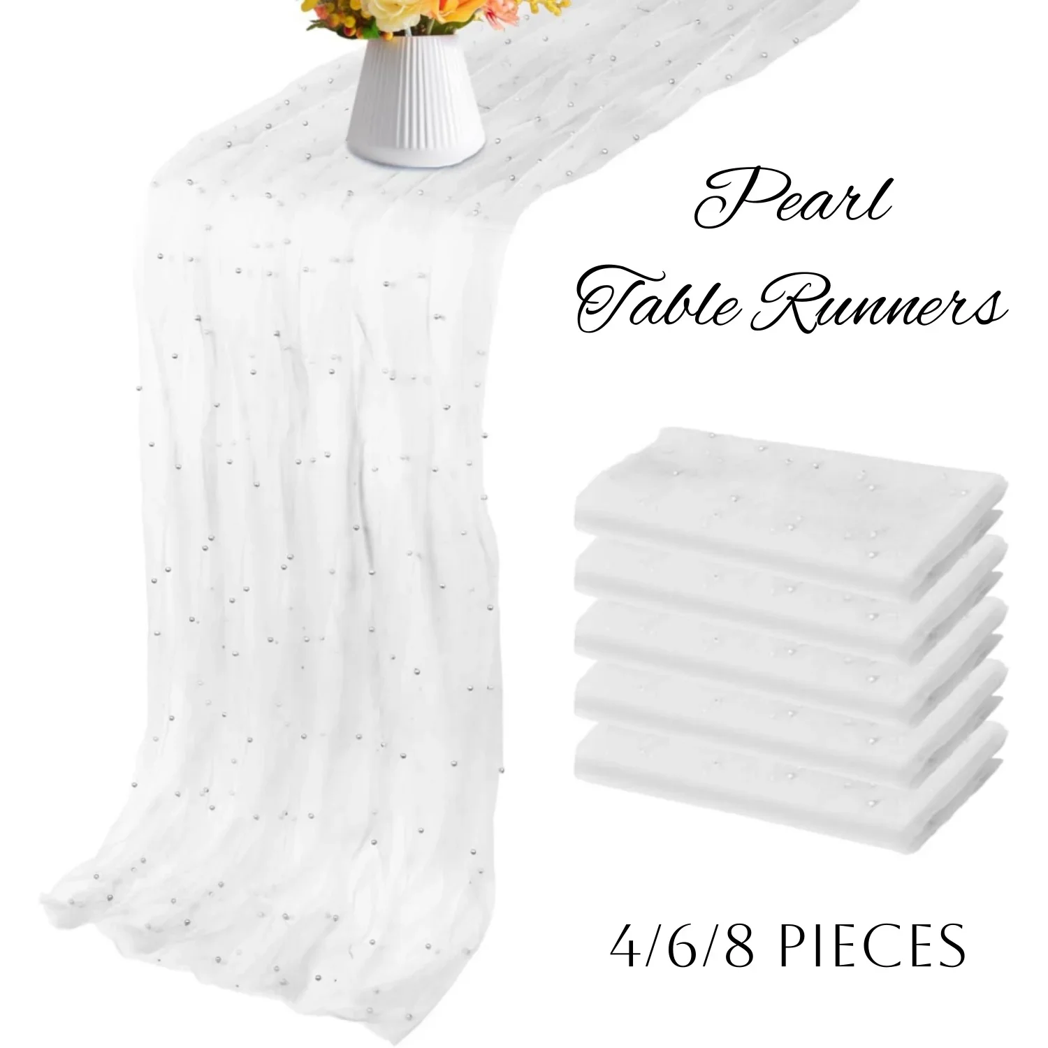 4/6/8Pcs Pearl Table Runner 10ft, 29 x 120 Inch Table Cloth Pearl Sheer Tulle for Wedding Party Baby Shower Birthday Home Decor