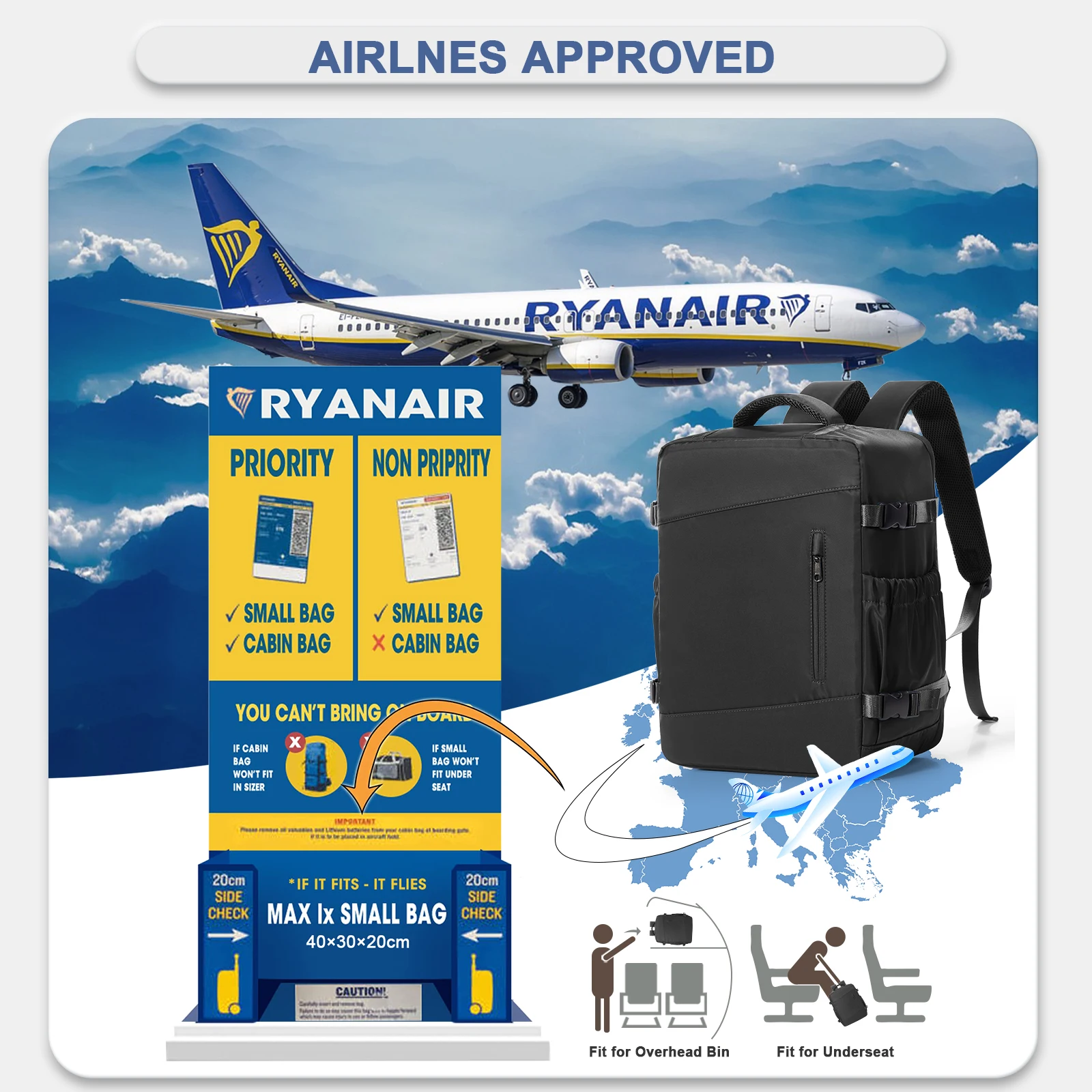 Reiserucksack unter dem Sitz, Ryanair Wizzair 40 x 30 x 20 Flugzeug-Reiserucksack, Herren-Business-Laptop-Rucksack, Handgepäck-Tasche