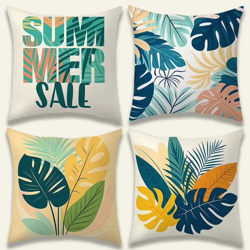 Set of 4 Throw Pillow Covers with Tropical Leaf Prints - Summer Vibes for Living Room Decor