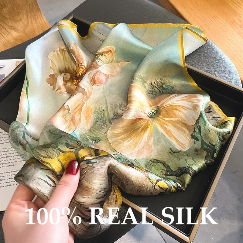 

2026 New 100% Pure Silk Scarf for Women Neck Hair Foulard Bandana 53cm Square Small Headband Hijab Print Poncho Scarves Pashmina