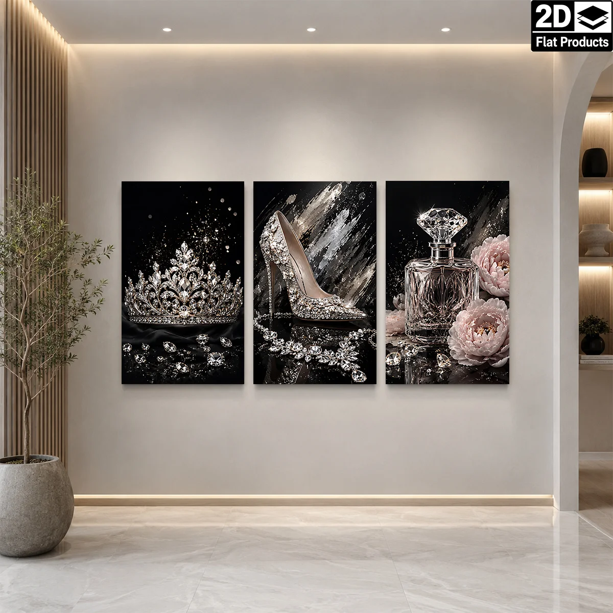 2D Flat 3PCS - Three panels with crown high heel perfume and flowers Themed Canvas Wall Art, Waterproof Prints Ready to Hang,