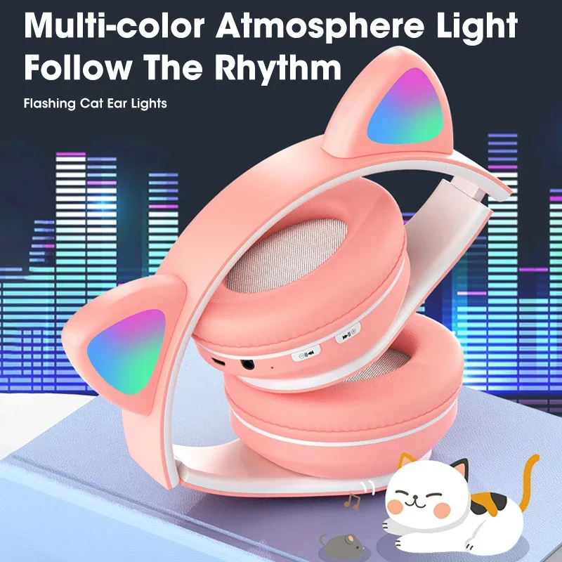 P47M Wireless Headphone Flash Light Cute Cat Bluetooth with Mic Control LED Stereo Music Helmet Phone Bluetooth Headset Gift