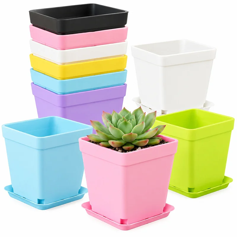 12PCS Square Plastic Plant Pots with Trays Indoor Outdoor Seedling Nursery Planters for Succulent Cactus Desktop Decor ZYF