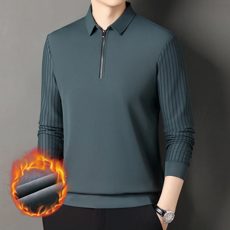 الصلبة اللون طويلة الأكمام SweatShirt الأزياء سستة الرجال بولو الرقبة أعلى القطن بولو طوق طويلة الأكمام الأعمال عارضة قمصان الرجال