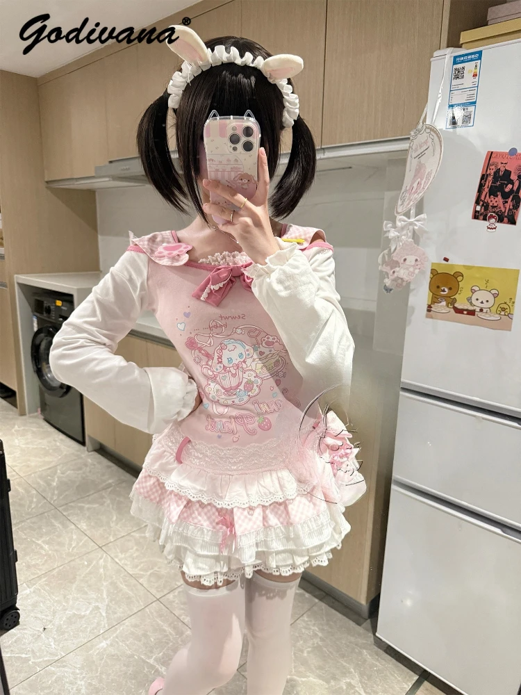 ابنة بنات لوليتا خارج الكتف فستان قصير Kawaii الكرتون طباعة انفصال هود سليم كم طويل تي شيرت فساتين
