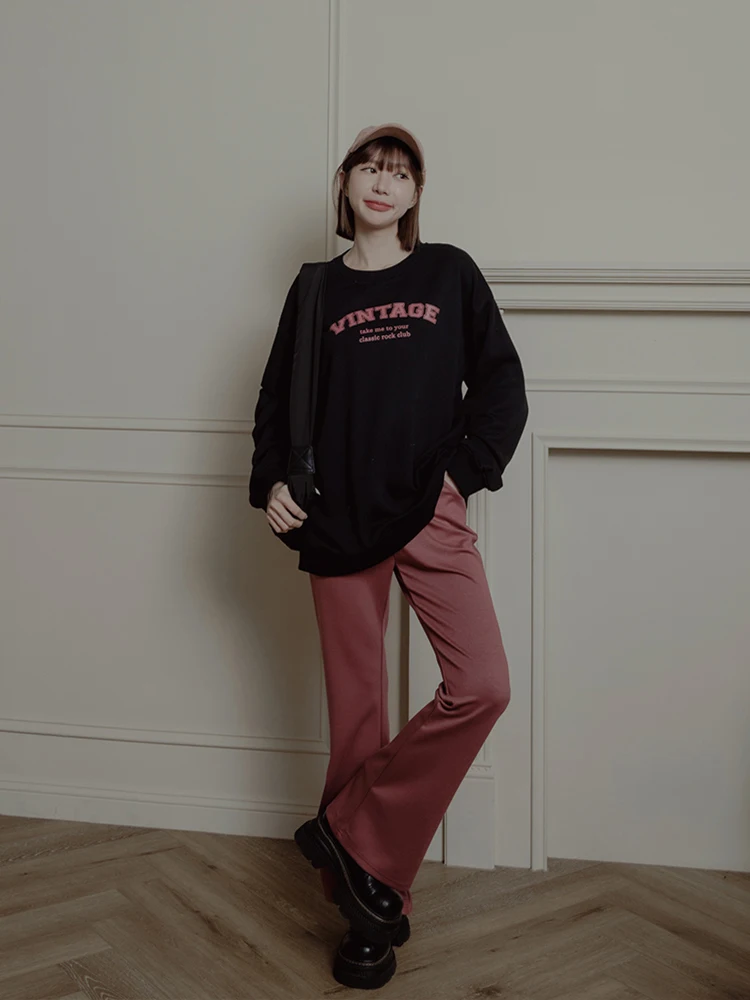 Queenop Autumn Winter New Casual Cotton Bell Bot Women's Long Pants Comfortable Loose Fit l Waist Micro Flared