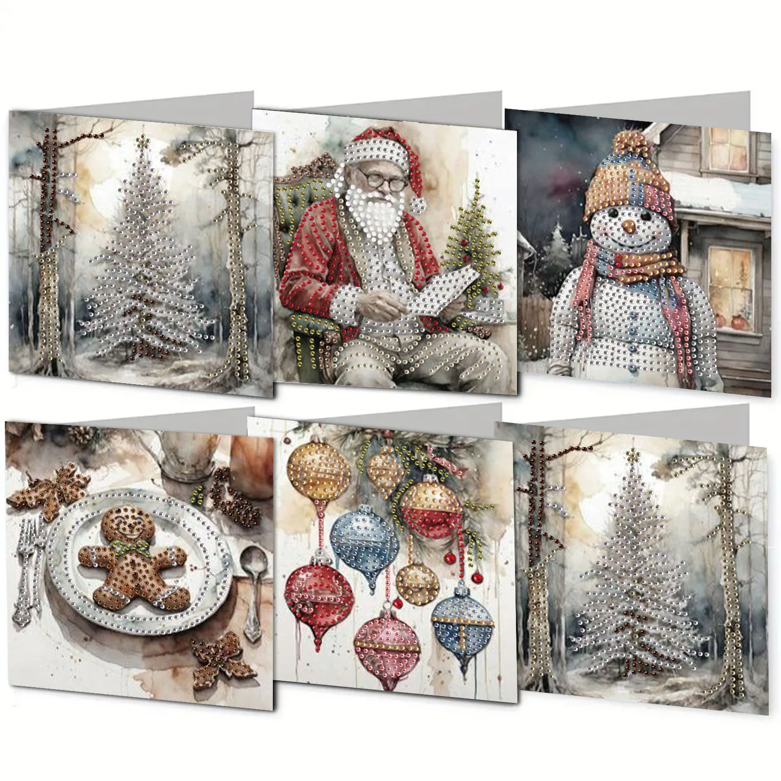 6 Weihnachtskarten-Postkarten mit rautenbemalten Designs. DIY-Papier-Schneemann-Muster eignen sich als Geschenk zum Ausdrücken