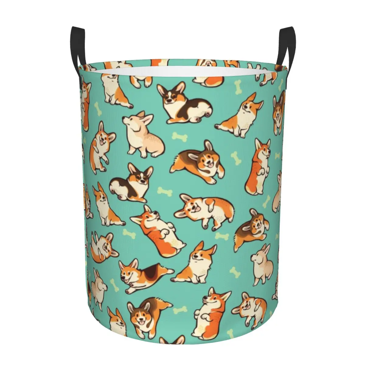 Custom Jolly Corgis In Green Laundry Basket Foldable Cute Pembroke Welsh Corgi Dog Clothes Hamper for Baby Kids Toys Storage Bag