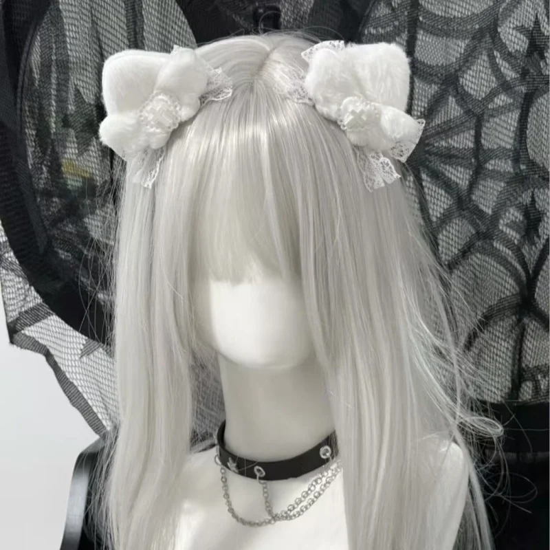1 par original caseiro kawaii gato grampo de cabelo gótico macio menina y2k branco anjo gato orelha subcultura pelúcia grampo de cabelo