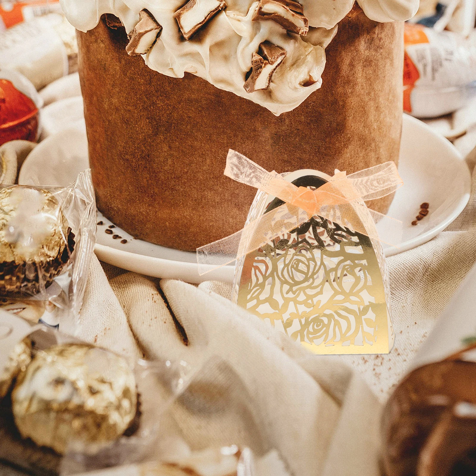

50pcs Chocolate Trays Hollow Rose Paper Cups Decorative Wrappers for Party Wedding Dessert Table Display Golden Color